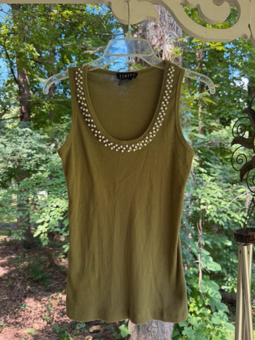 Finity Olive Ribbed Scoop Neck Tank with Pearl Embellishments